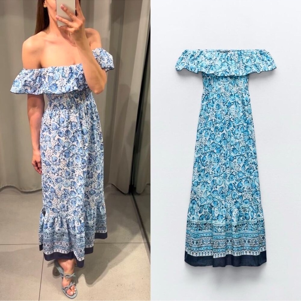 ZARA FLORAL PRINT OFF THE SHOULDER DRESS - Picture 11 of 12